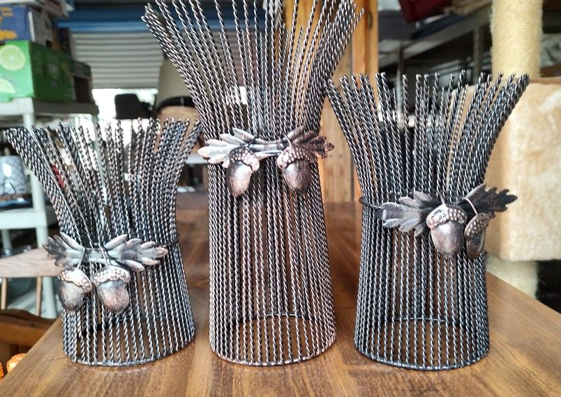 Set Of Three Metal Wire Candle Holders Wheat 