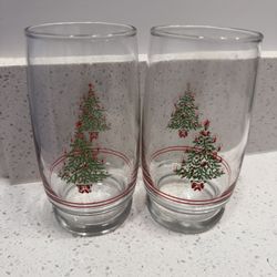 Vintage Merry Christmas Tree Drinking Tumbler Glasses 5" - 2 glasses
