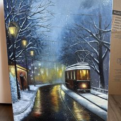 Original Oil Painting Snowy Train Scene