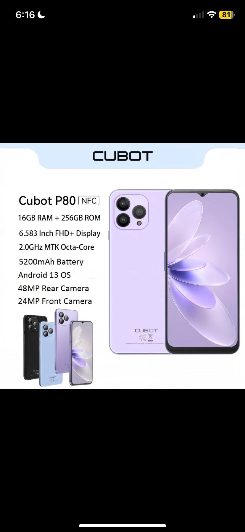  6.58" CUBOT P80 8GB+256GB 4G Smartphone Android 13 5200mAh 48MP+24MP Cameras NFC