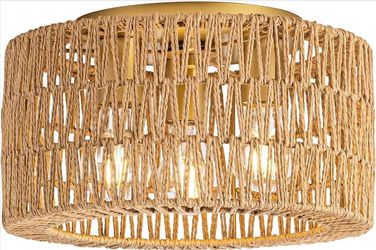Bohemian Modern Woven Ceiling Light, Gold Flush Mount 3 Bulb Ceiling Mount - 12.6" Diameter