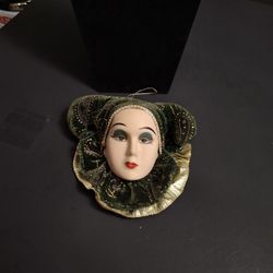 Vintage Venetian Jester Hanging Mask In Hand-painted Porcelain W/Rich Velvet & Gold Accents, Venetian Carnival Styling 6" X 6"