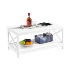Wood 2-Tier White Coffee Table with Storage Shelf for Living Room, X Design Accent Cocktail Table, 39.5 x 21.5 x 18 Inches
