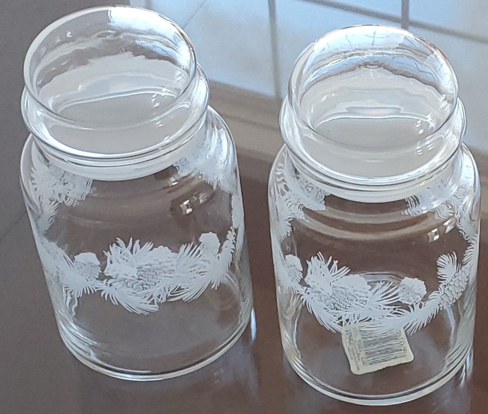 Vintage Libbey FROSTED WINTER Pinecones Pine Christmas CANISTER Cookie Candy Jar Glass Set of 2