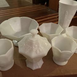 Vintage E. O. Brody Milk Glass Set - bowl, vase, candy dish lid, 8 piece set