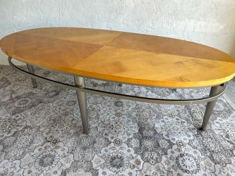 oval wood coffee table, mid-century modern style wood and metal legs