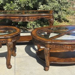 Traditional Floral Ornate Wood 3 Piece Living Room Set Sofa Table, Coffee Table, and End Table with Glass