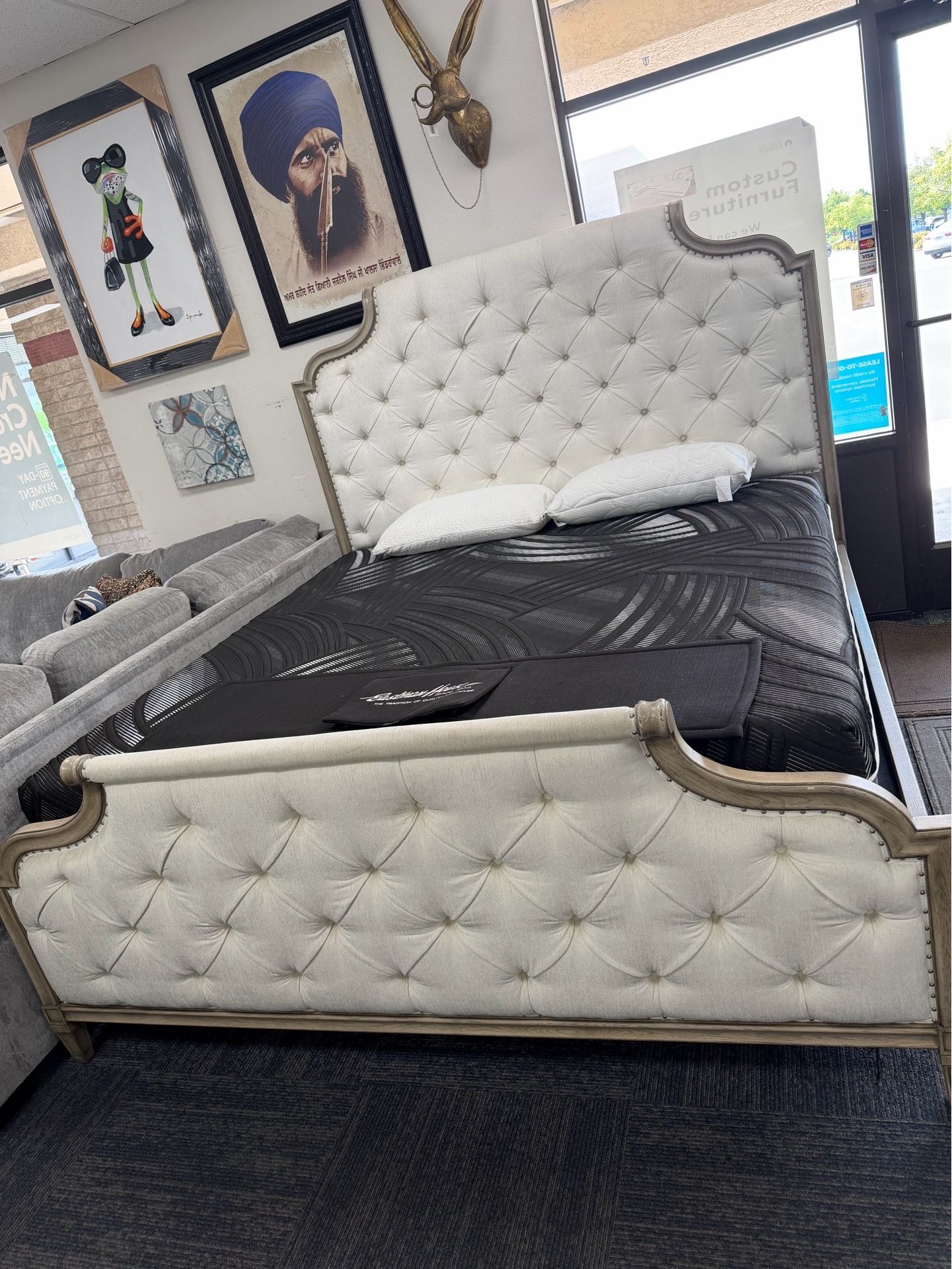 Pretty White and Brown Tuft Queen Bed Frame - King Available - SAME DAY DELIVERY - No Credit Needed