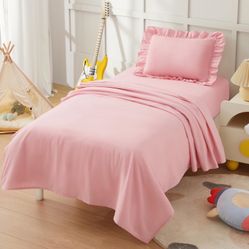 3 Piece Toddler Bed Crib Sheet Set, Flat&Fitted Sheet And A Ruffle Pillow Case