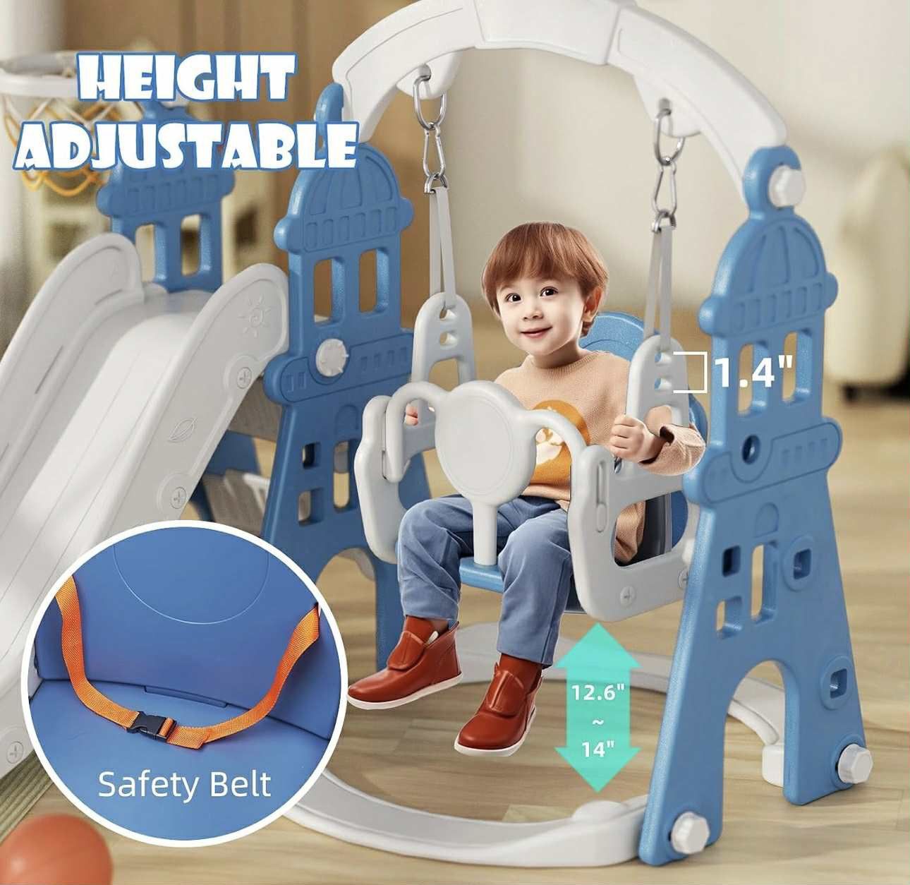 XJD 5-in-1 Toddler Slide and Swing Set, Kids Slide for Toddlers Age 1+, Toddler Outdoor Playset with Basketball Hoop, Swing, Outdoor Indoor Playground