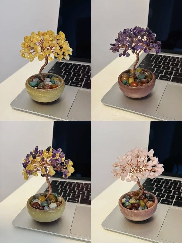 Natural Crystal Fortune Tree, Treasure Plate, Citrine, Amethyst, Pink Crystal, bring you good luck.