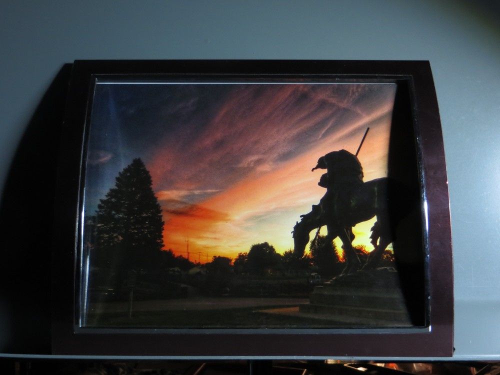 8 X 10  Framed Photo Of End of the trail Statue In Waupun ,WI With Sunset Behind