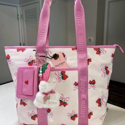 Juicy Couture Pink Strawberry Bow Tote Bag  with Keychains NEW