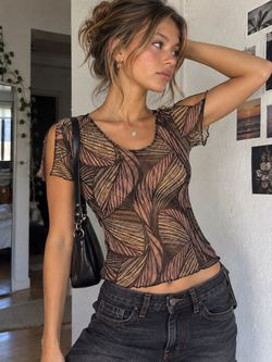 Charlotte Russe Y2K Sheer Metallic Leaf Print Cold Shoulder Mesh Blouse – Size Large