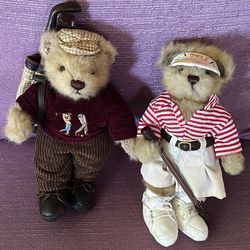 Vintage Teddy Bears Couple. 10 “ Tall . Golf Clubs Sweater Corduroy Pants  Hat
