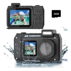 33FT Underwater Camera 4K 30FPS Waterproof Digital Camera with Dual Screens Selfie Built-in 2500 mAh Battery for Snorkeling,Novice Photographer,Black
