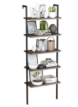 AWQM Ladder Shelf, 5 Tier Wood Wall-Mounted Bookcase with Stable Metal Frame, Black +Brown