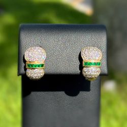 Jewelry 18k solid yellow gold white natural diamonds and emerald stones 3.50CTW heart clip on earrings 10.10g