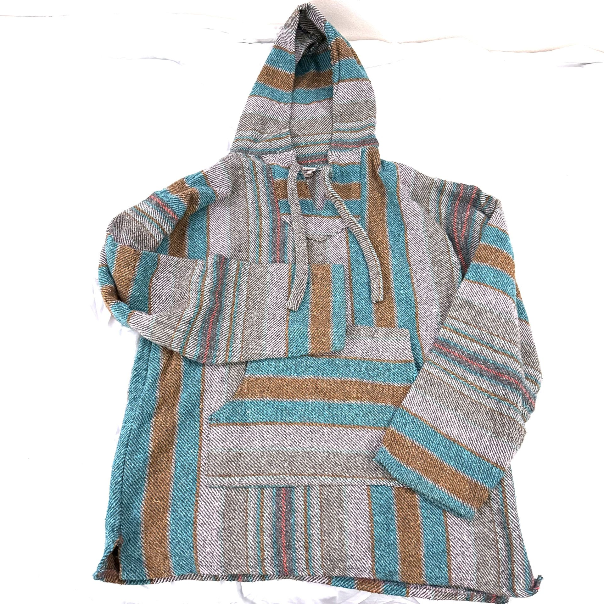 Drug Rug Baja Hoodie Blue + Brown + White Mexican Poncho Size L