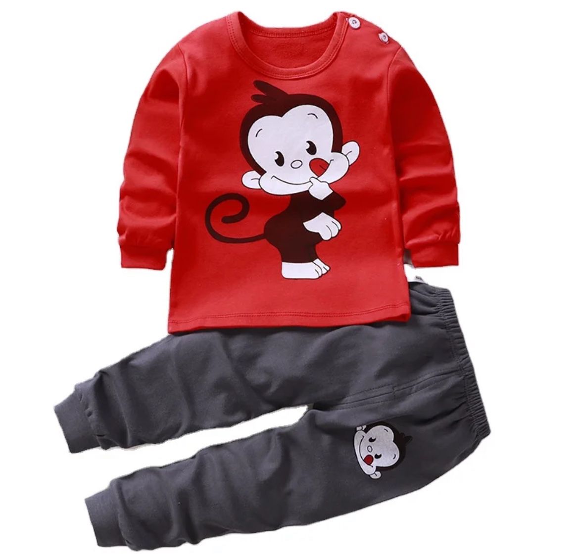 2PC Long Sleeve Set - [SIZE 9-12Months] - 100% Cotton, Red & Grey
