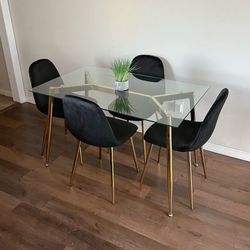 Gold Glass Rectangular Dining Set For 4 People 