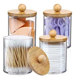 4 Pack Bamboo Lids Clear Plastic Apothecary Jar Containers Organizer Storage Set Thumbnail