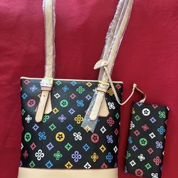 New Black Multicolor Leather  Bag With Wallet 