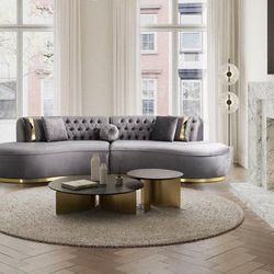 ELLA - CURVED VELVET SECTIONAL LIVING ROOM SET - GRAY