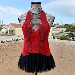Jonathan Simkhai red guipure lace and black tulle top size 2 XS extra small