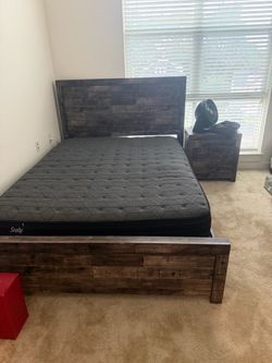 Rustic Wood Bed Frame with Sealy Mattress and nightstand and dresser with mirror
