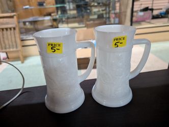 Vintage Milk Glass Beer Steins Pair Embossed Figural Drinking Mugs Barware Set