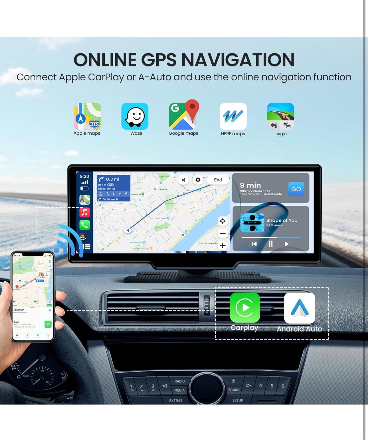 10.26'' Wireless Carplay Screen for Car, Portable Car Stereo with Carplay & Android Auto, Car Audio Receivers with GPS Navigation, Mirror Link, for Al