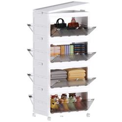 4-Tier 88 qt. Collapsible Storage Bins Stackable Plastic Organizers in White with Lids and Wheels for Home, Kitchen etc