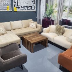 2 PIECE SECTIONAL + LOVESEAT  CREAM SHINY VELVET 115X60