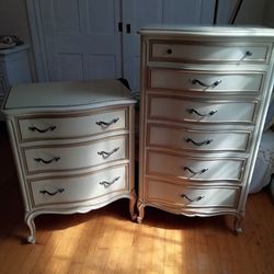 Vintage DREXEL  French Provincial Touraine Night Stand ,and Tall Chest Of 6 Drawer S Dresser With Gold Trim Mint.