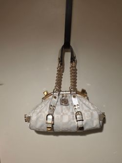 Authentic Versace Medusa Greca Jacquard Frame Bag – White & Metallic Silver – Gold Chain Handles – Made in Italy