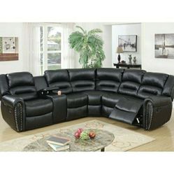 Black Bonded Leather Manual Recliner Sectional With Storage Compartment Nailhead Trim Firm Price $1,390 Financing Available Brand New In Box 