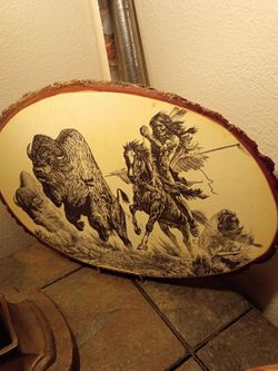 Native American Buffalo Hunt Wood Slice Wall Art