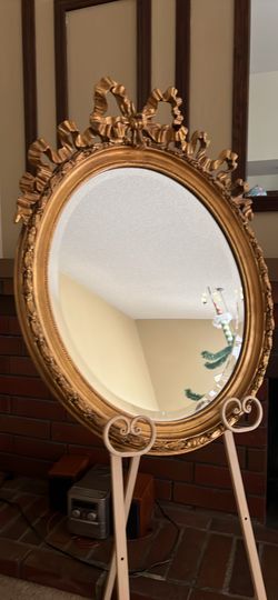 Large Bevel Mirror 31” w/Large Bow Oval Antique Gold Very hard to find.