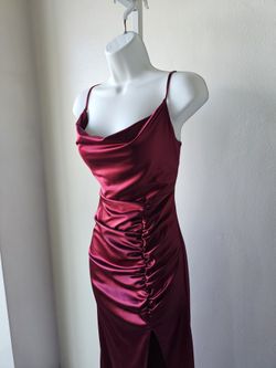 Burgundy satin cowl neck midi dress with ruched front and side slit, Size Medium
