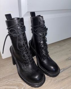 ann demulemeester Black Lace-Up Leather Combat Heeled Boots