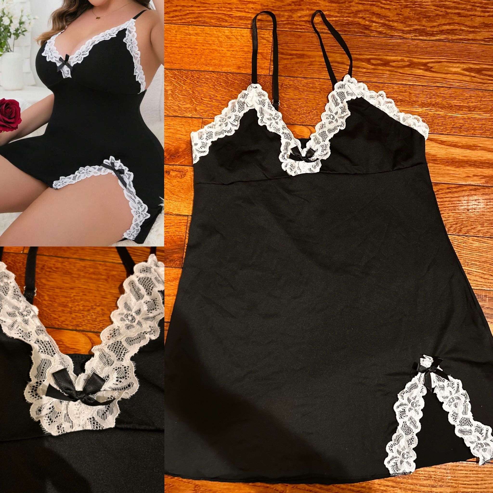 black nightgown/chemise with white lace trim&a small bow details M