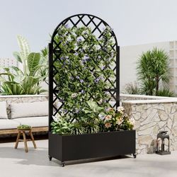 Round Metal Planter Box with Trellis, 73"x35"x16 Metal Raised Garden Bed with Trellis, Metal Planter Box with Drainage Holes & Lockable Wheels & Priva
