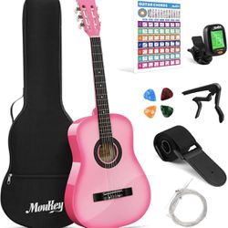 Brand New 38” Acoustic Guitar for Beginner.. Comes with Chord Poster, Guitar Bag, Tuner, Picks, Nylon Strings, Capo, Strap - Pink