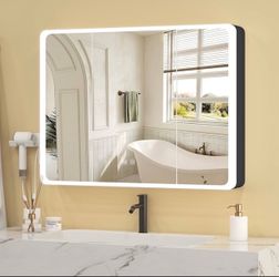 JBLCC Lighted Medicine Cabinet with Mirror Lights (Fully Assembled), 35.4 × 27.56 Inch LED Bathroom Mirror with Storage, Smart Anti-Fog, 3- Panel Alum