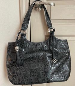 BRIGHTON Black Leather Croc Tote Handbag Shoulder Bag Purse Heart Charm