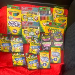 16 new boxes of assorted Crayola crayons markers, 6 Sharpies, aaa energizer batteries 2 packs