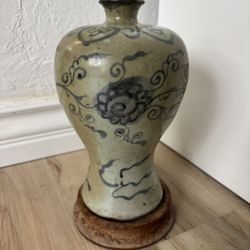 Stoneware Vase- Horizontal Scour Crack Line See Last 2 Px Late Ming Dyn Transition Style Base 8.25 In High Mei Ping Bl/Gy Provenance Long In San Fran 