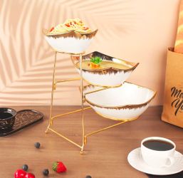 Three-Tier Ceramic Bowl Rack Features a Foldable Gold Stand and Three Gold-Rimmed 7.1-inch/8.5- inch