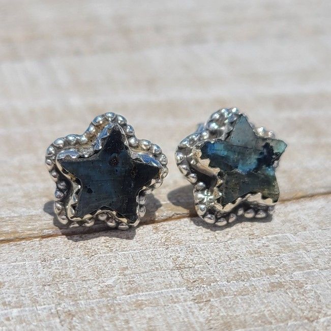 Star - Larvikite Black Moonstone 925 Stud Earrings